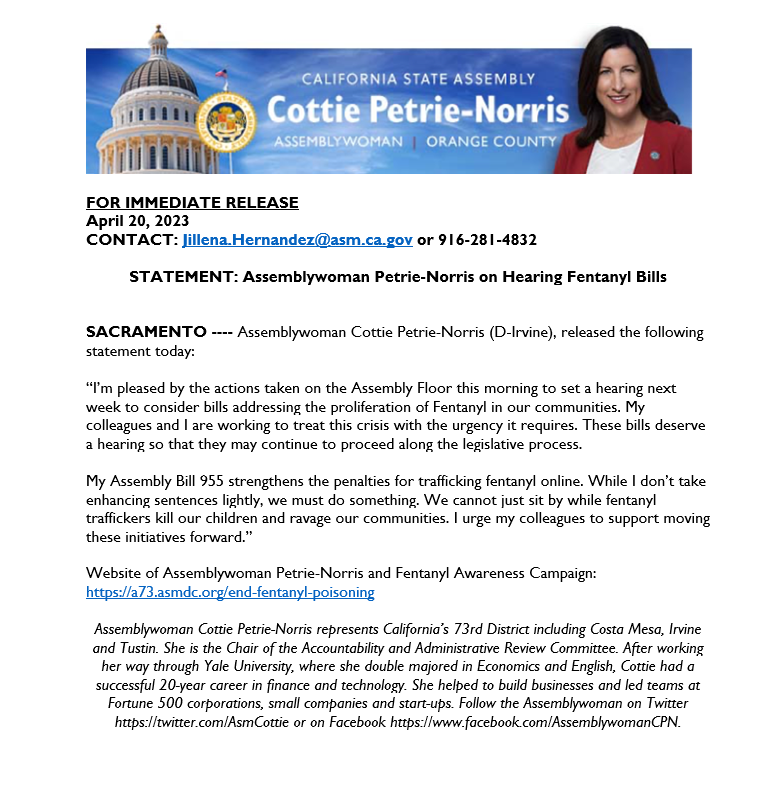 STATEMENT: Assemblywoman Petrie-Norris on Hearing Fentanyl Bills