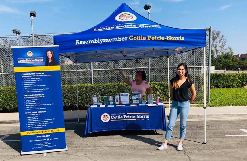 Asm. Petrie-Norris' Senior Field Representative Claudia Perez welcomes constituents with Intern Chloe.