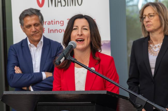 Assemblywoman Cottie Petrie-Norris, Joe Kiani, Founder, Chairman and CEO, Masimo Corporation, Dee Dee Myers, Senior Advisor to the Governor and Director of the Governor’s Office of Business and Economic Development, Natalie Rubalcava, Orange County Business Council, Chief Operating Officer, Mike Guerra, CEO, California Life Sciences, Joe Panetta, president and CEO of Biocom California, Dr. William Wilson, MD, MA, Chief Medical Office for Masimo & former Chief Medical Officer for UCI Health